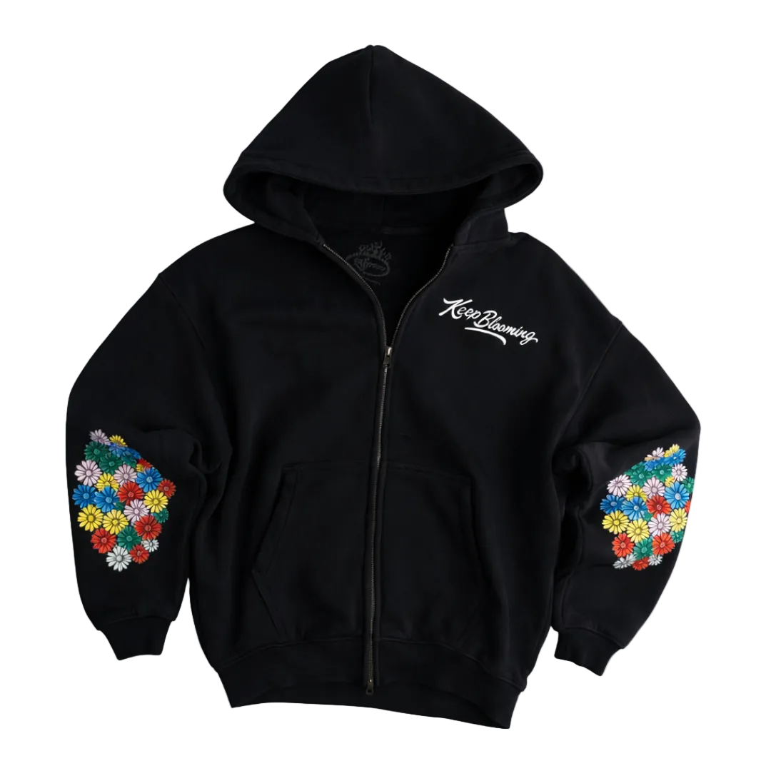 Keep Blooming Plush Zip Hoodie - Black – The Hottest